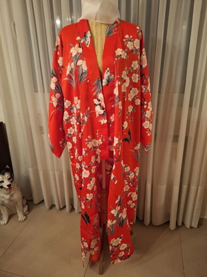 Vintage Japanese Kimono in vibrant red with white floral and butterfly details like new