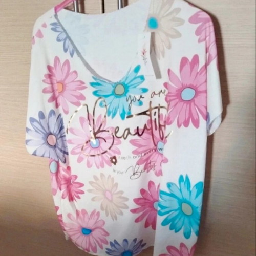 Floral cotton short-sleeve blouse, New Collection Italy, one size