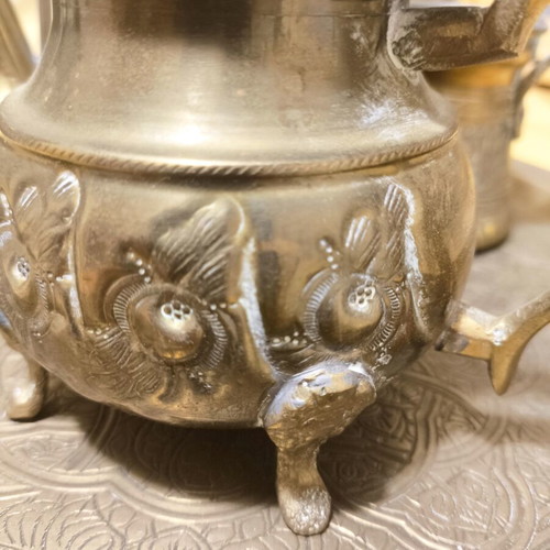 Brass decorative set used, oriental style (tray, jugs & cezve)