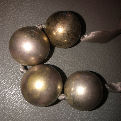 Necklace with silver beads on gray satin ribbon used