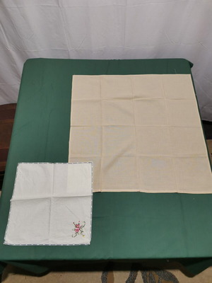 Embroidered tablecloths used, 1950s era, set of 2 pieces