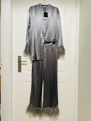 Zara shirt-pants set new with feathers gray silver