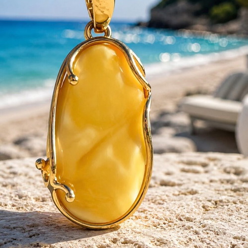 Natural white amber pendant, 24k gold plated silver 926, handmade