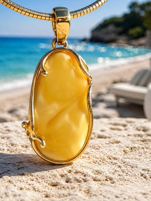 Natural white amber pendant, 24k gold plated silver 926, handmade