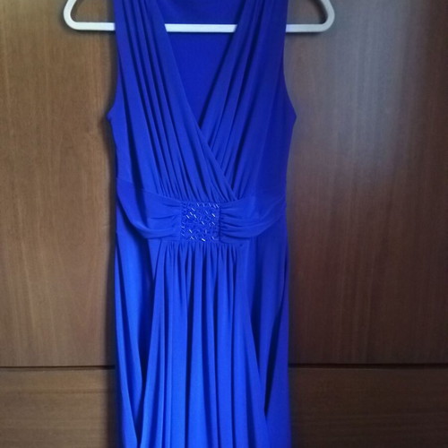 Midi cocktail dress like new with gathers and bead embroidery at waist, blue-purple