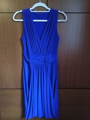 Midi cocktail dress like new with gathers and bead embroidery at waist, blue-purple