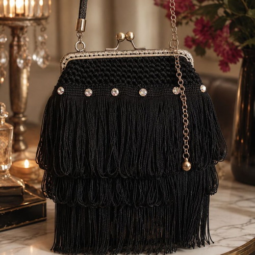 Noir Élégance handmade black crossbody bag with vintage clasp and crystals