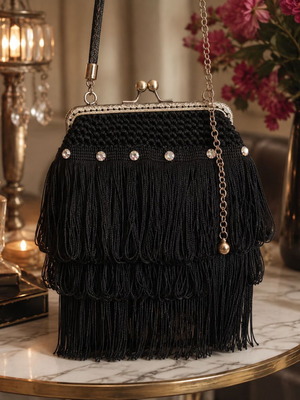Noir Élégance handmade black crossbody bag with vintage clasp and crystals