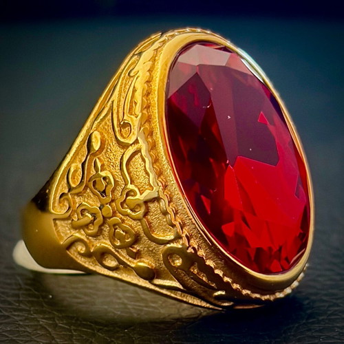 Ruby Sultan stainless steel ring with red crystal, M FORGE