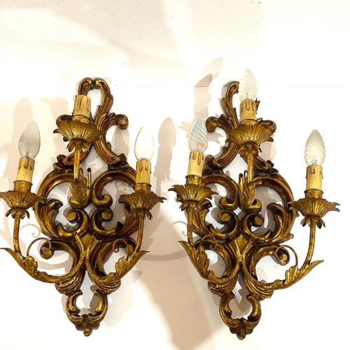 Pair of 2 French wall sconces used, gilded wood and iron