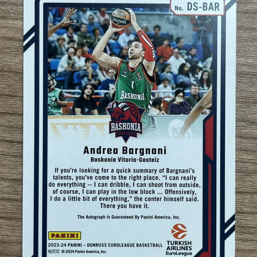 2023-24 Panini Donruss Euroleague Basketball Dominators Andrea Bargnani autograph card like new