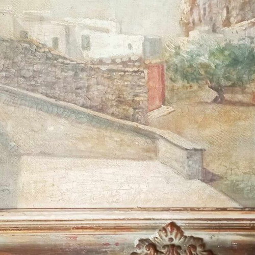Oil painting on canvas Fort of Naxos used, A. Lefkadios, 1950s