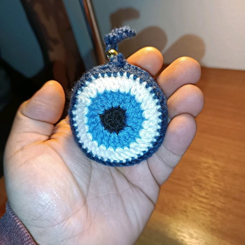 Handmade decorative knitted eye small size blue with light blue round new