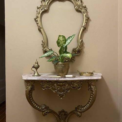 Console with framed mirror and marble used, baroque style