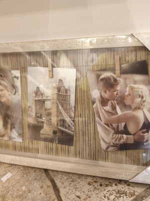 Wooden photo frame with clips and string, 24x44cm