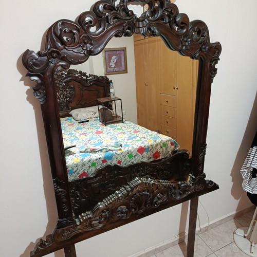 Hand-carved solid walnut mirror and bedside table