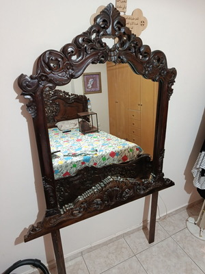 Hand-carved solid walnut mirror and bedside table
