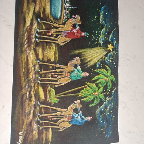 Vintage painting on black velvet "The Three Wise Men with Camels"