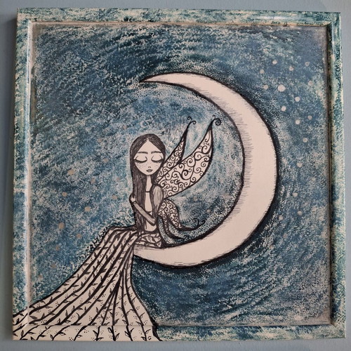 Painting with Fairy on the Moon new, hand-painted with mixed media
