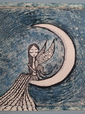 Painting with Fairy on the Moon new, hand-painted with mixed media