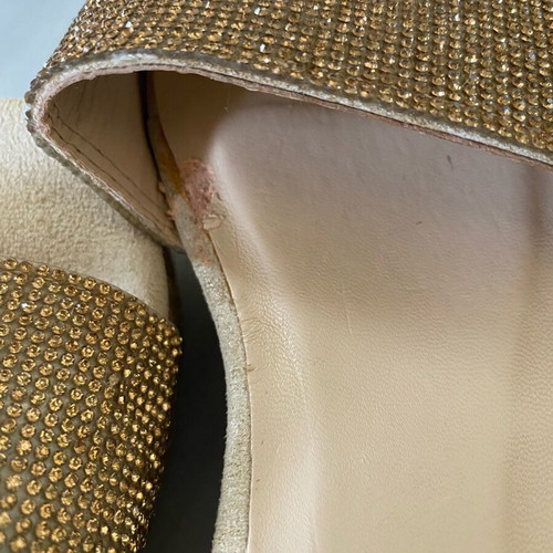 Gold slippers with straw platform and rhinestones like new
