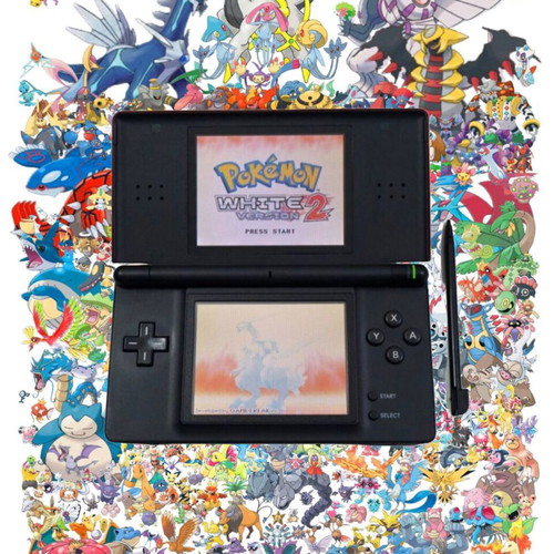 Nintendo DS Lite console used with Pokemon LeafGreen cartridge and accessories