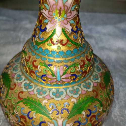Vintage Cloisonne vase with gilded base and floral enamel design