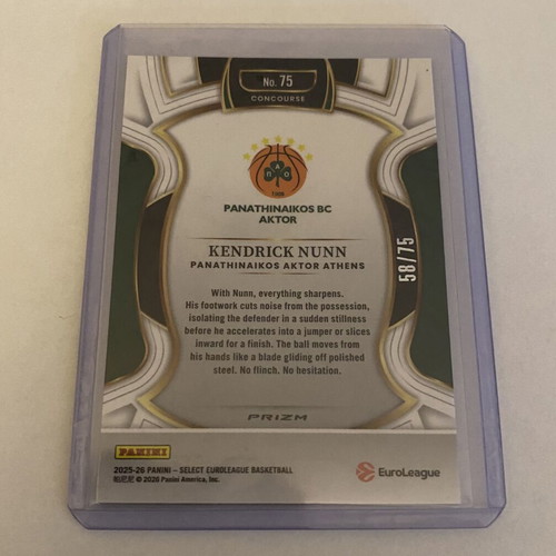 Kendrick Nunn Numbered Card 58/75 Panini Euroleague Select 2025-26 New