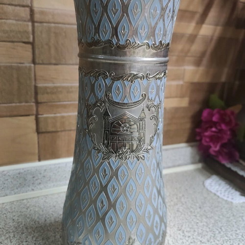 Vintage decorative vase used with silver-plated body and blue enamel