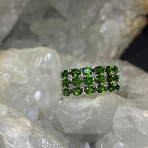 Silver ring with natural diopside and 18K gold plating, adjustable