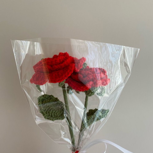 Bouquet with two knitted red roses new