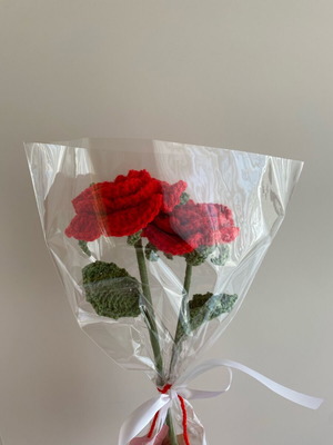 Bouquet with two knitted red roses new