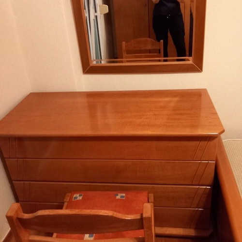 Bed 1.60m x 2.10m with mattress, nightstand, chest of drawers and mirror