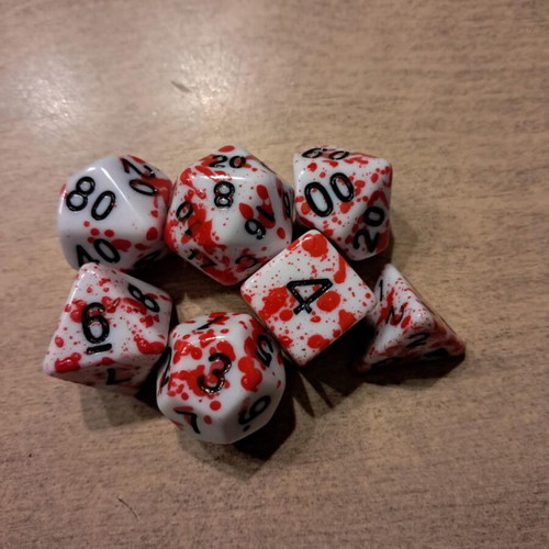 Bloodstained D&D dice set with dice bag