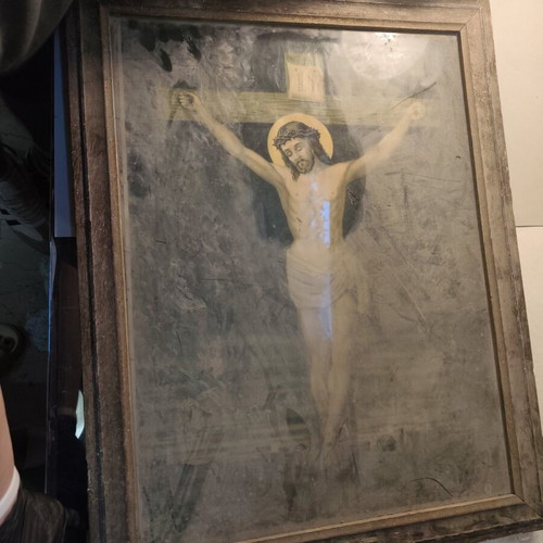 Chromolithograph of Crucifixion 19th Century Refurbished, German Origin