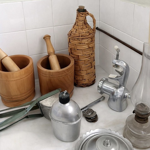 Vintage collection of traditional kitchen items used
