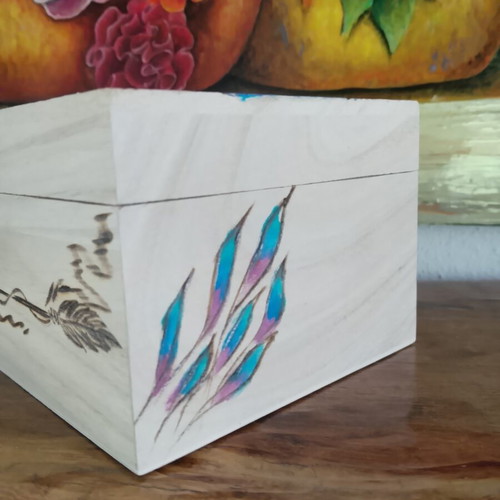 Wooden box with pyrography and painting, new