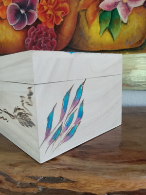 Wooden box with pyrography and painting, new