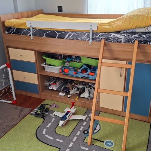 Children's loft bed with ladder and storage used