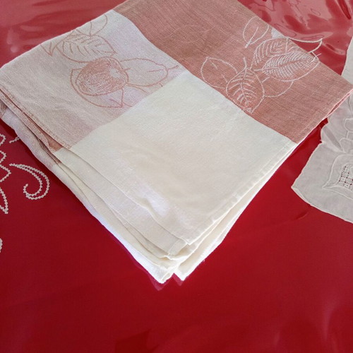 Tablecloth with brown stripes handmade, used, 134x124 cm