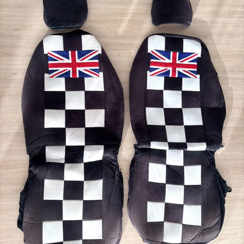 Mini Cooper front seat covers used, black and white checkered with Union Jack