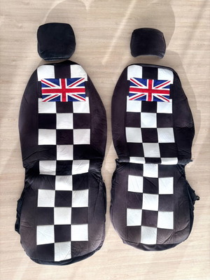 Mini Cooper front seat covers used, black and white checkered with Union Jack