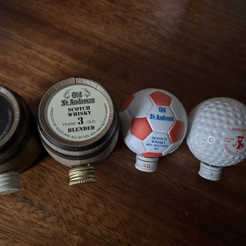 St Andrews whisky miniature bottle set, empty, collectible