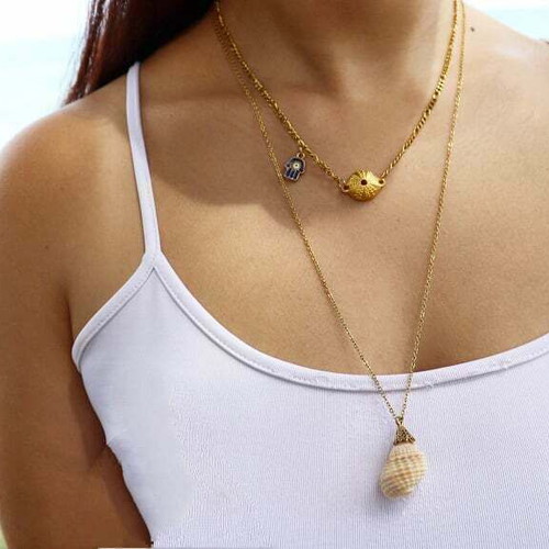 Summer necklace talisman with steel chain, sea urchin and hamsa hand with eye and enamel
