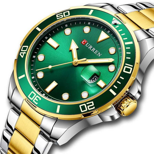 Curren men's watch with battery, green dial, silver/gold bracelet
