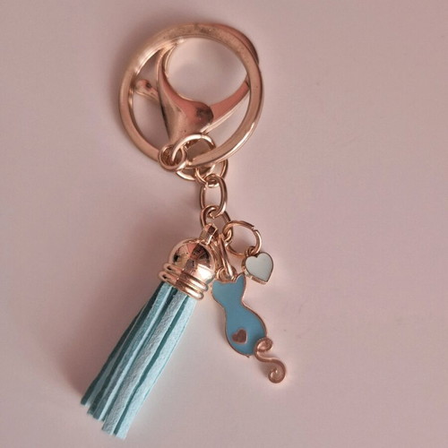 Handmade blue cat keychain with heart and tassel new