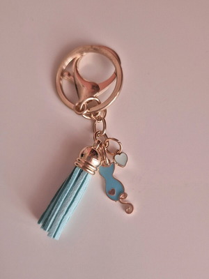Handmade blue cat keychain with heart and tassel new