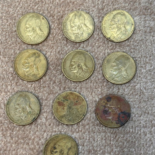 Set of used Greek 2 Drachma coins with Georgios Karaiskakis