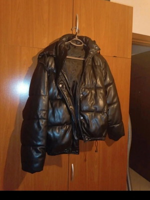 Faux leather jacket like new, black, with removable hood