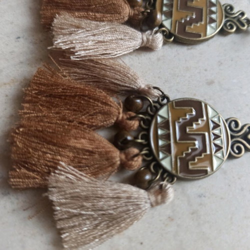 Handmade metal earrings geometric pattern and tassels new, brown